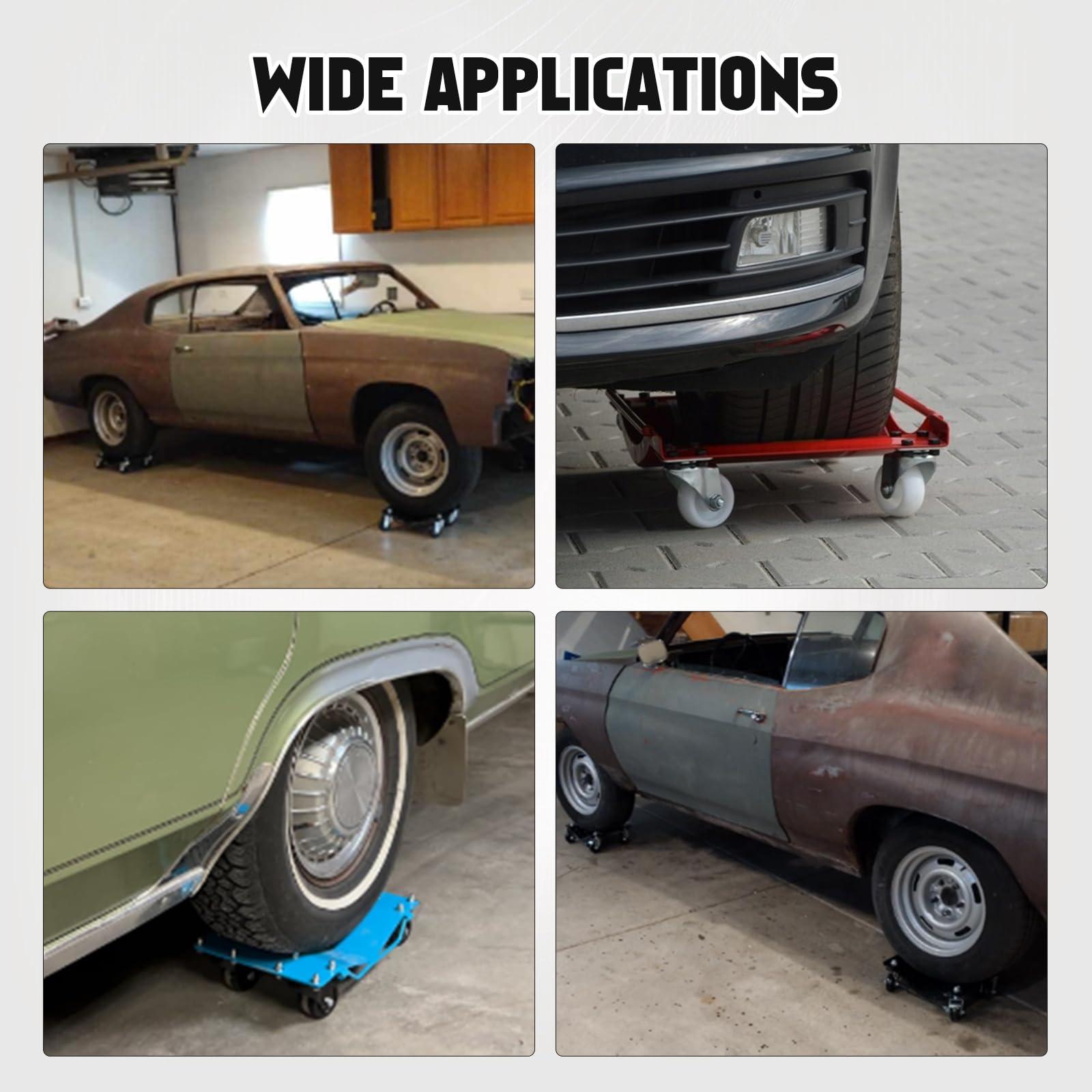 Set 4 ruote per trasporto auto Garvee Rosso - Acciaio con impieghi gravosi - Portata 6000 libbre - Ruote gyrevoli a 360° con freni - Superficie antiscivolo - Garage e ufficio