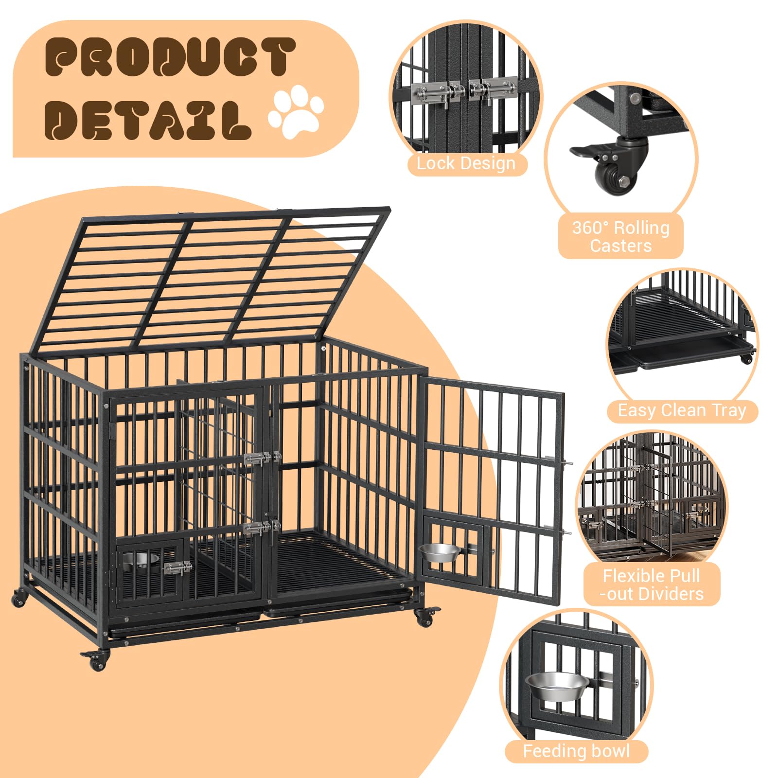 Garvee Heavy Duty Dog Crate da 42 pollici con doppia porta, ruote girevoli a 360°, struttura in metallo, vassoio rimovibile, divisorio, uso interno per cani di piccola e grande taglia, nero