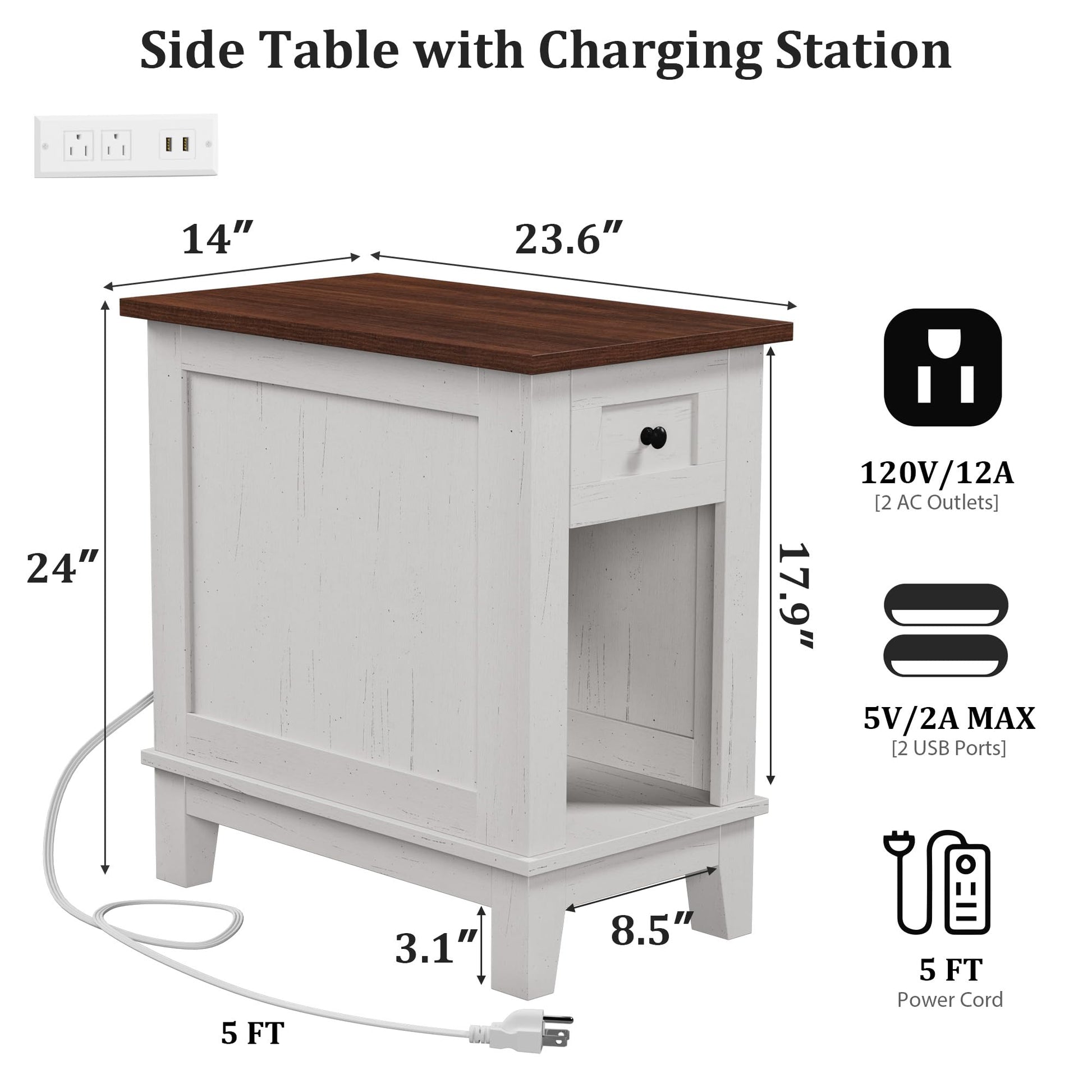 Tavolino laterale stretto Garvee con stazione di ricarica, 2 porte USB e 2 porte CA, in legno MDF per soggiorno e camera da letto, robusto, spazio di archiviazione, colori del legno