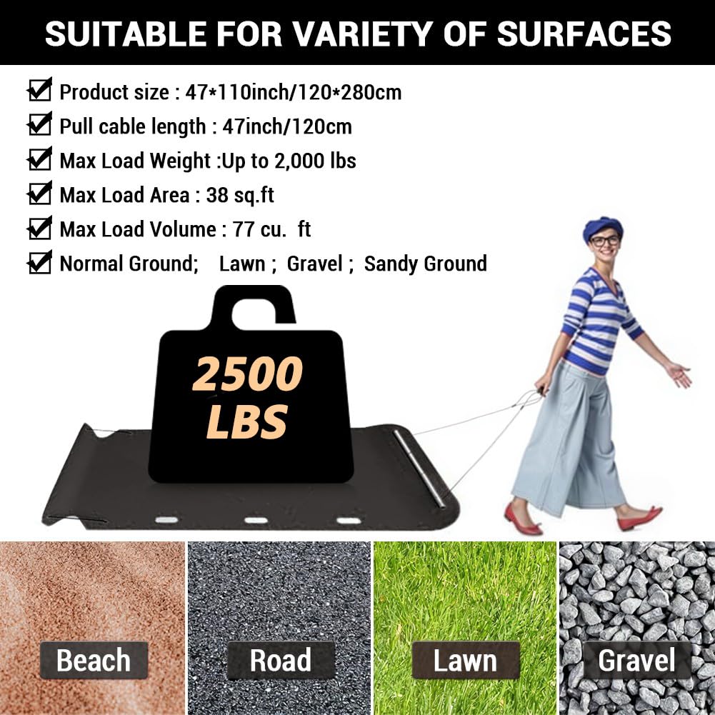 Garvee Slitta Traino Prato Heavy Duty 47x110" HDPE 2500 libbre - Cinghia Maniglie per Agricoltura | Regalo Festa del Papà Nero