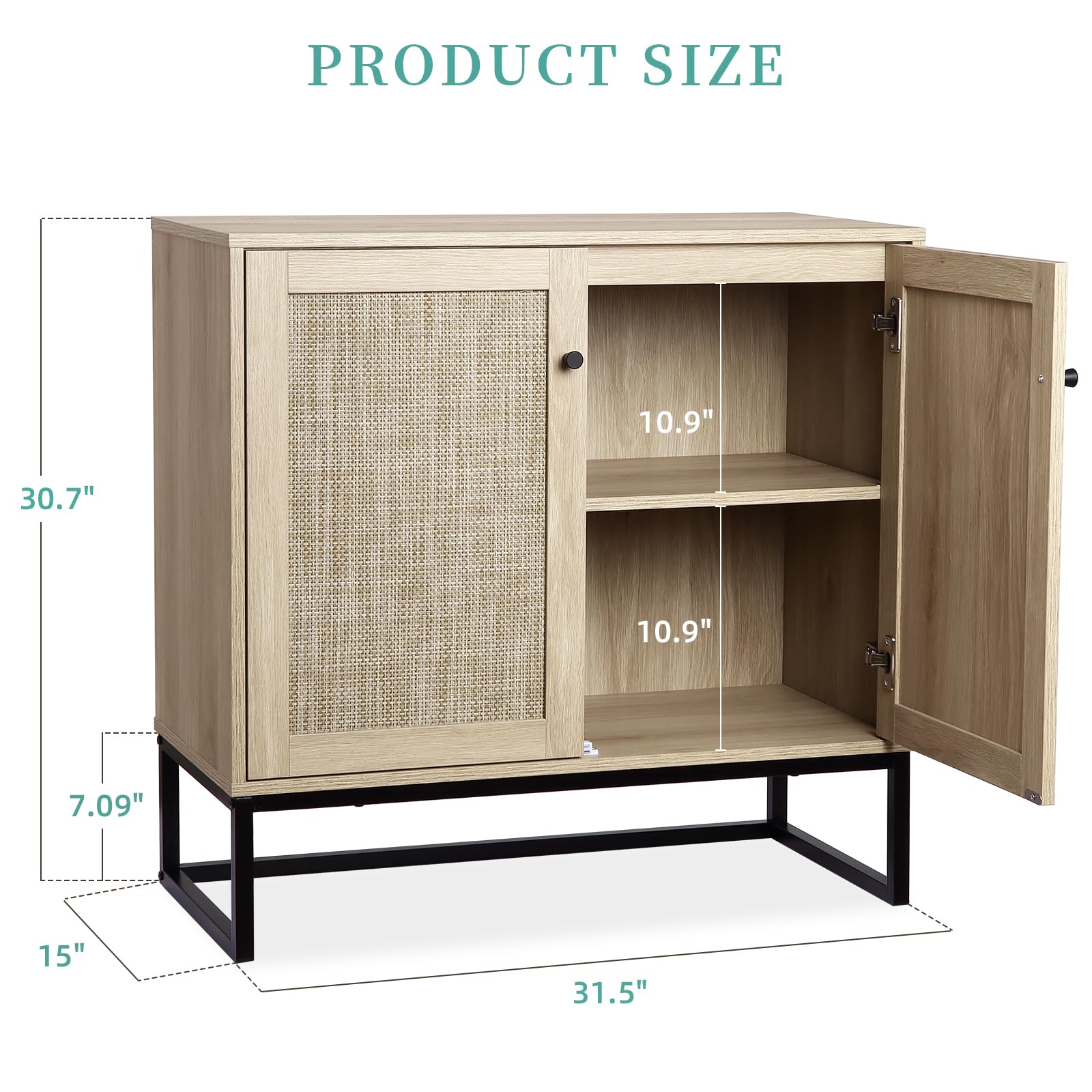 Credenza Garvee, mobiletto portaoggetti in rattan con ripiani regolabili e gambe in metallo per soggiorno e cucina, 31,5"x15"x30,7" marrone chiaro