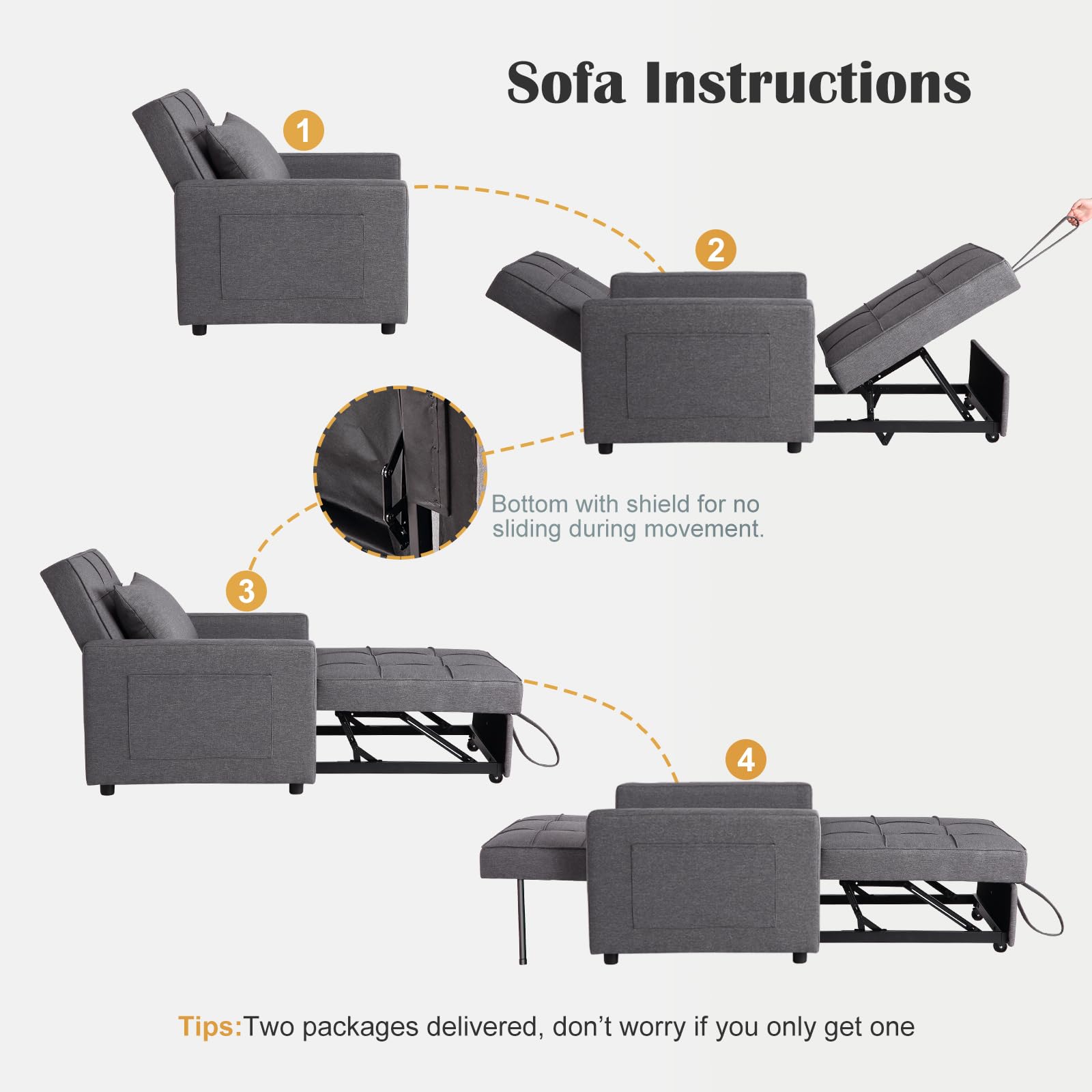 Divano letto/poltrona letto 3 in 1 Garvee con funzione letto, tessuto di lino, salvaspazio, 192 x 96 x 59 cm, grigio