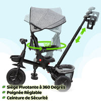 Triciclo per bambini Garvee scalabile 6 in 1, bicicletta per bambini con sedile reversibile per sole e pedali, grigio, da 10 mesi a 5 anni