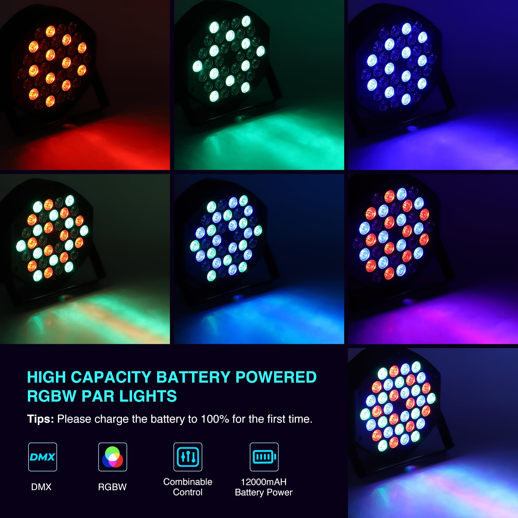 Garvee Par Light LED ricaricabile 36 LED RGB Batteria Luce per feste per DJ Disco Party Show, 7 modalità di illuminazione, Telecomando flessibile, Illuminazione da palco, Multicolore