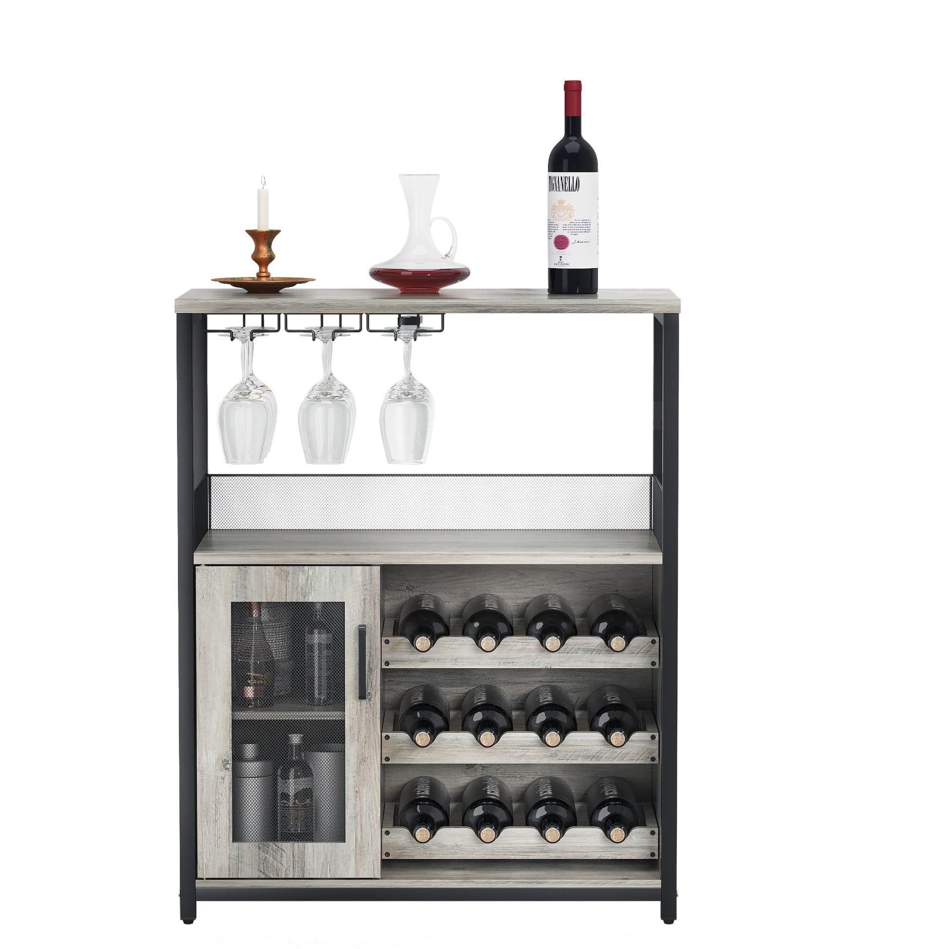 Mobile bar per vino Garvee a 3 ripiani con portabottiglie rimovibile, portabicchieri, ventilato per cucina e bar, 27,2"L x 13,8"P x 36,2"A, grigio