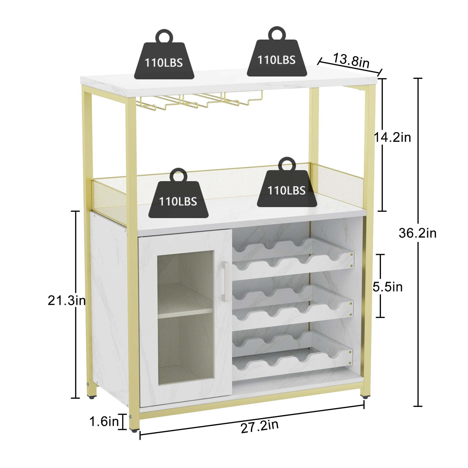 Mobile bar portabottiglie Garvee con portabottiglie rimovibile, portabicchieri, MDF e ferro, oro, per soggiorno e bar, 27,2"L x 13,8"P x 36,2"A