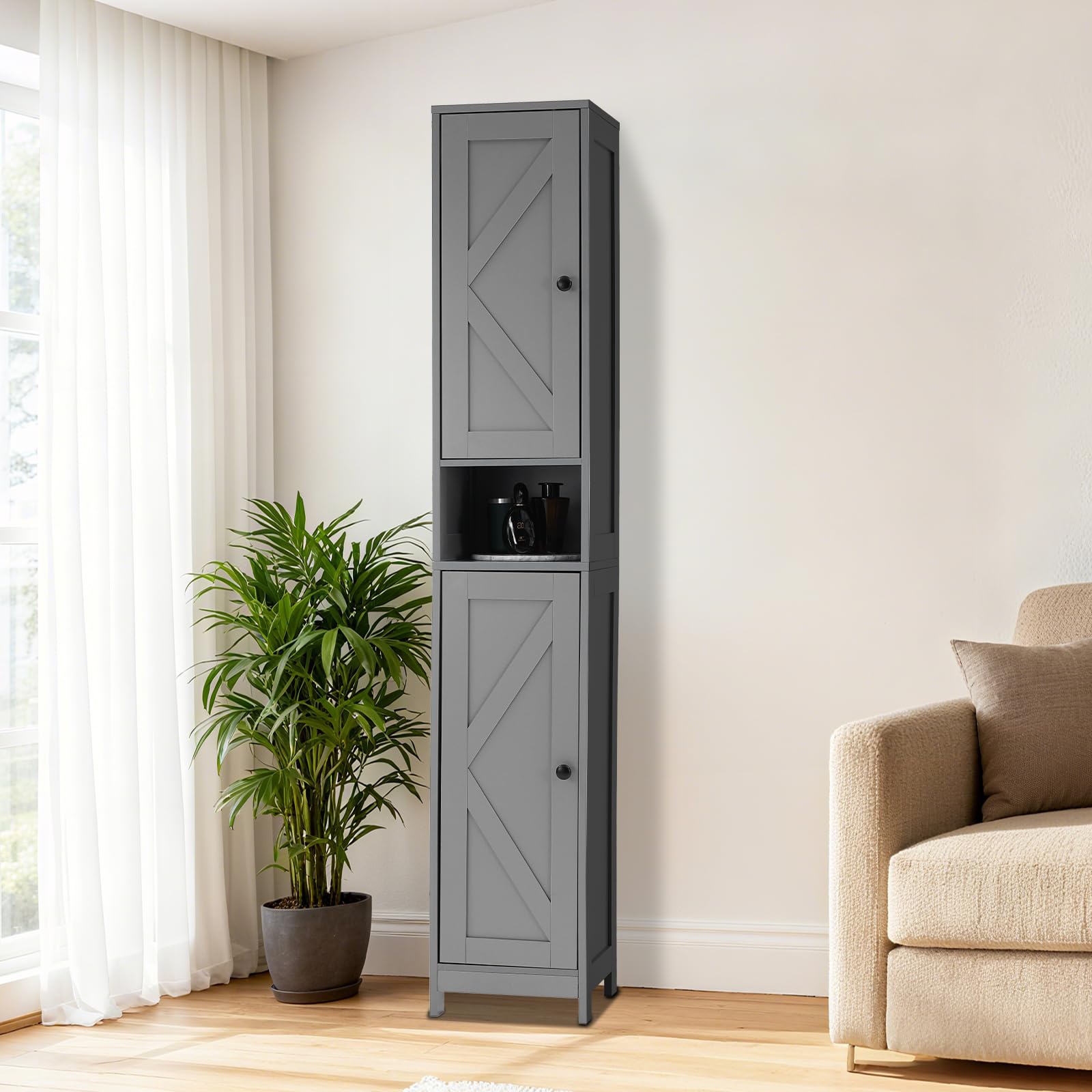 Mobiletto da bagno alto Garvee da 170 cm con 2 ante a battente e 1 cassetto, ripiani regolabili, legno massello, stile rustico, stretto, bianco, versatile per bagno e cucina