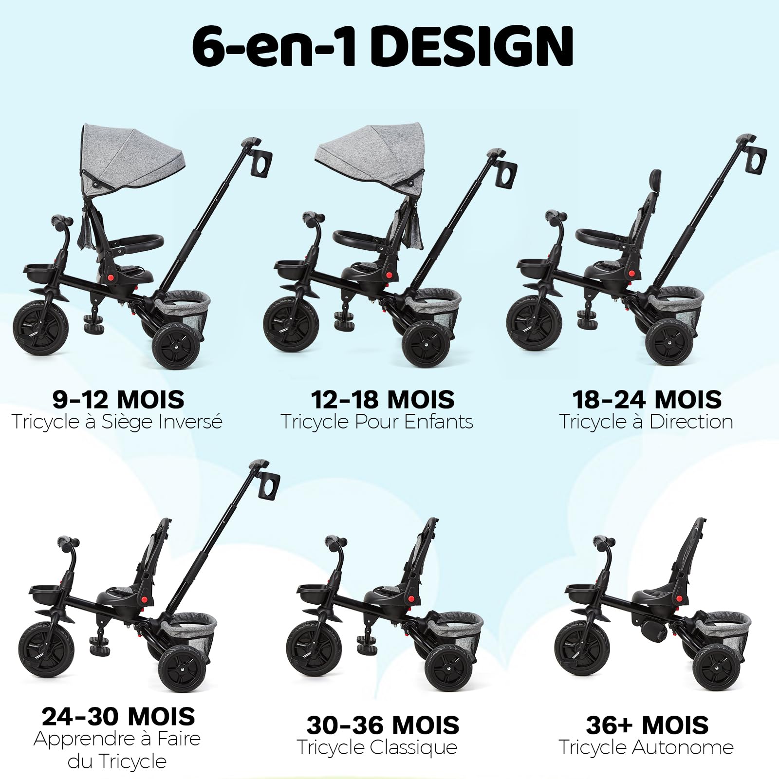 Triciclo per bambini Garvee scalabile 6 in 1, bicicletta per bambini con sedile reversibile per sole e pedali, grigio, da 10 mesi a 5 anni