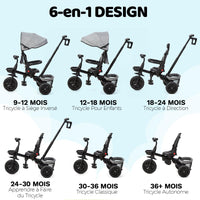 Triciclo per bambini Garvee scalabile 6 in 1, bicicletta per bambini con sedile reversibile per sole e pedali, grigio, da 10 mesi a 5 anni