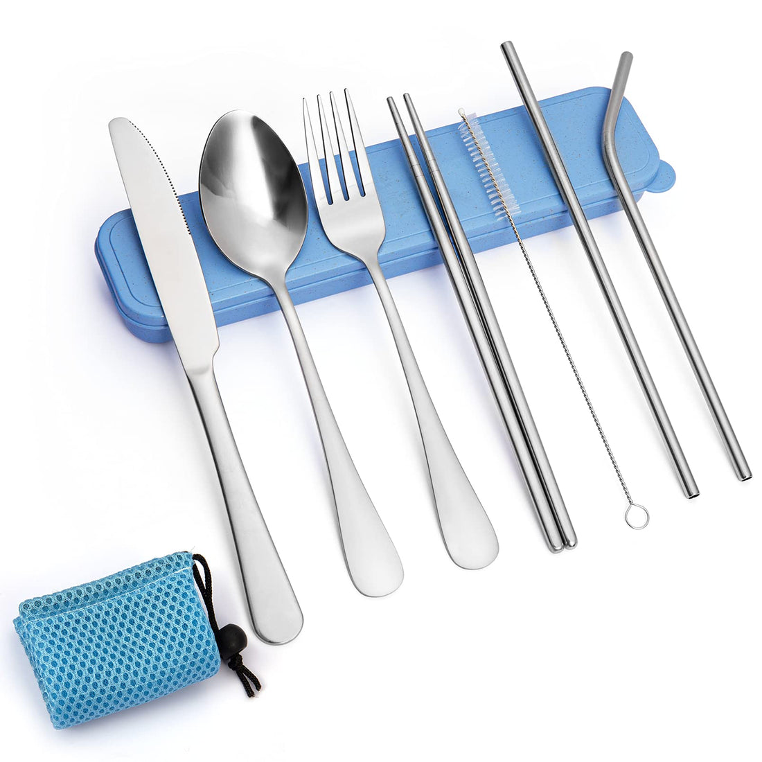 Set di posate Garvee in acciaio inossidabile da 9 pezzi per viaggi, campeggio, con contenitore, blu, picnic all'aperto