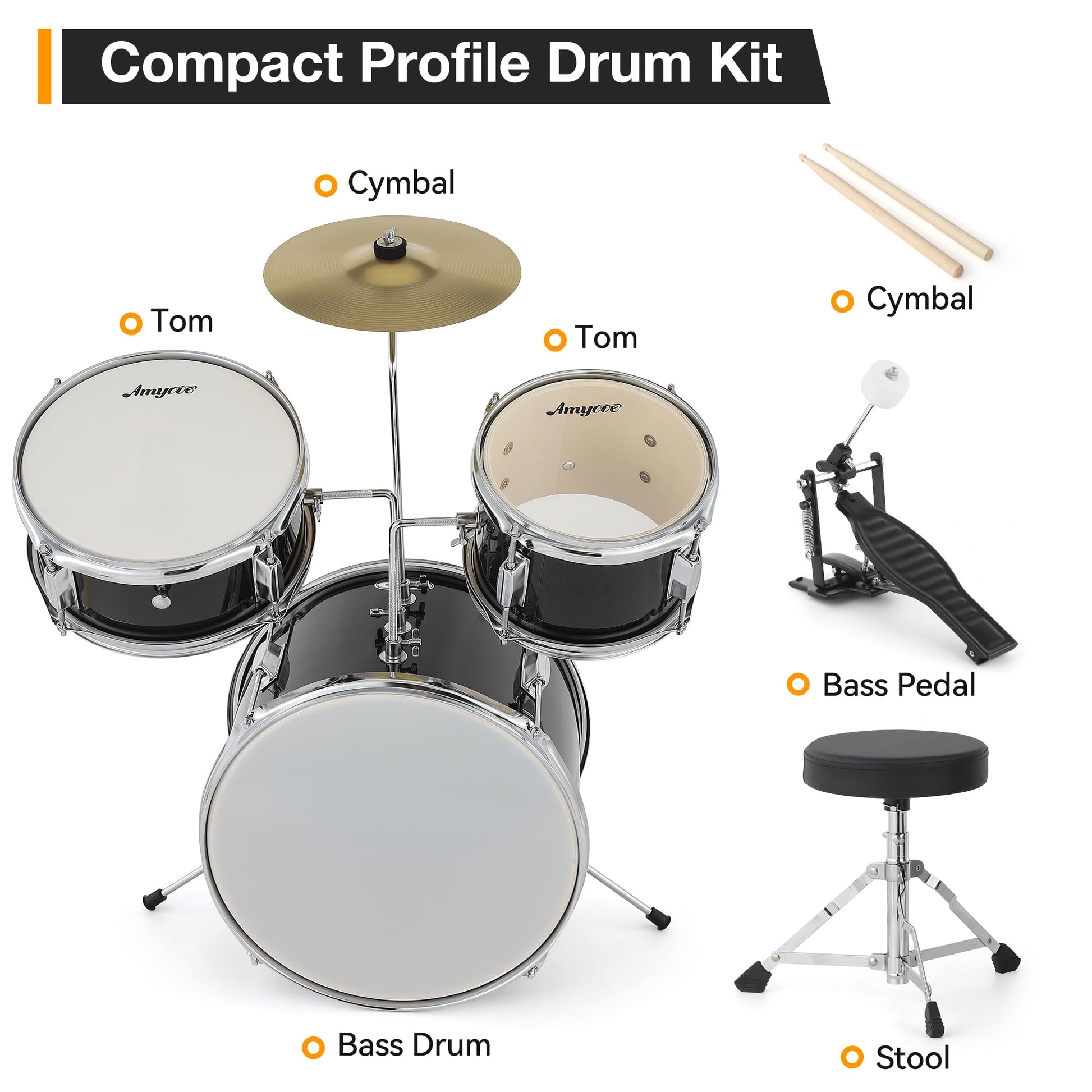 Garvee Junior Batteria da 3 pezzi con piatti, tom, grancassa, legno, pedale per grancassa, bacchette e sgabello per camerette di bambini e principianti, nero, 29 pollici