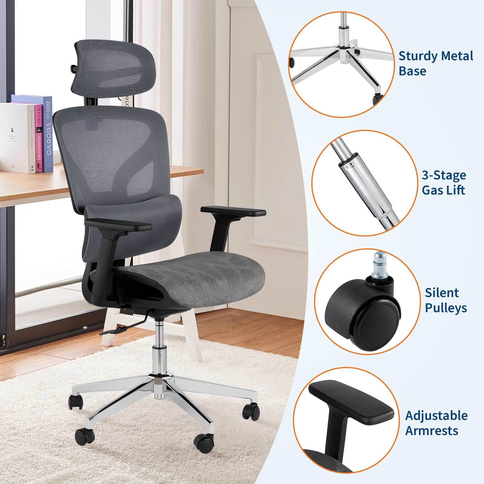 Sedia da ufficio ergonomica Garvee con rete traspirante, braccioli 3D, altezza del sedile regolabile, poggiapiedi in acciaio, reclinazione di 135°, grigia per ufficio e gaming