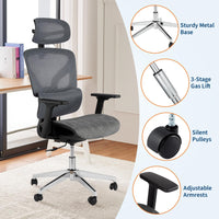 Sedia da ufficio ergonomica Garvee con rete traspirante, braccioli 3D, altezza del sedile regolabile, poggiapiedi in acciaio, reclinazione di 135°, grigia per ufficio e gaming