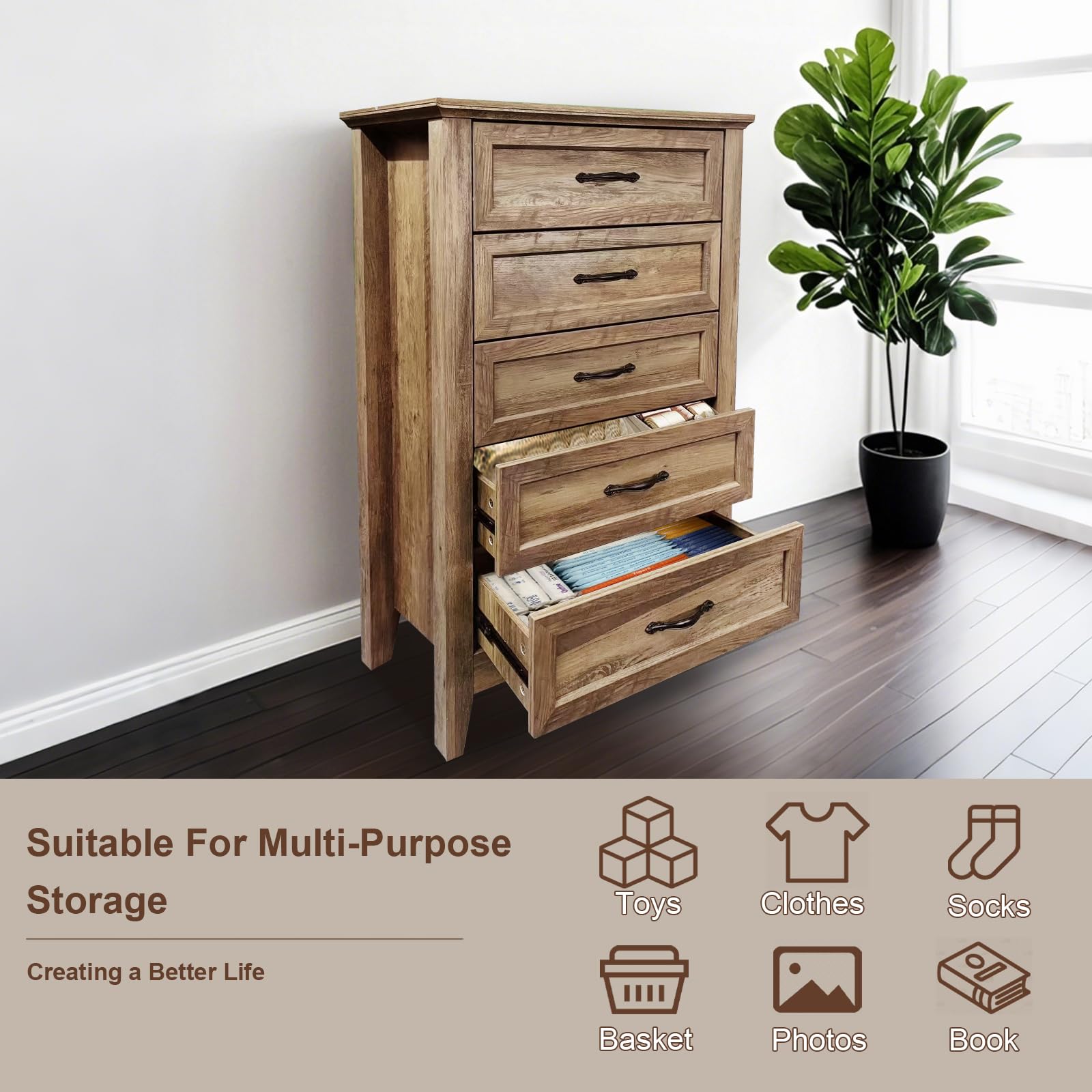Cassettiera Garvee Farmhouse, 5 cassetti, legno vintage, impermeabile, camera da letto, soggiorno, 39,9x69,9x113,8 cm marrone