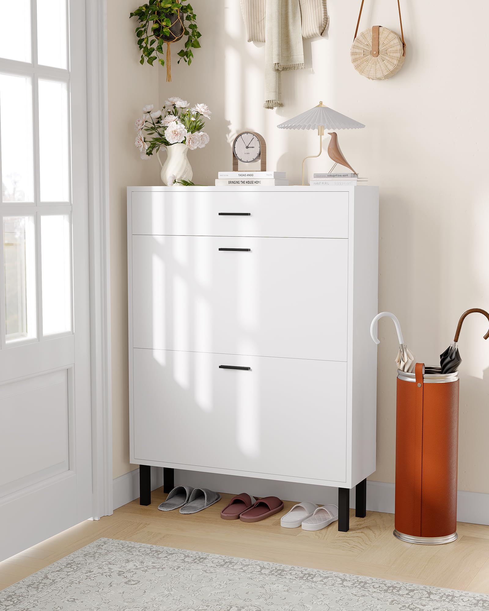 Scarpiera stretta Garvee con 3 cassetti e ripiani regolabili per corridoio e soggiorno, in legno MDF, antiribaltamento, moderna, colore naturale