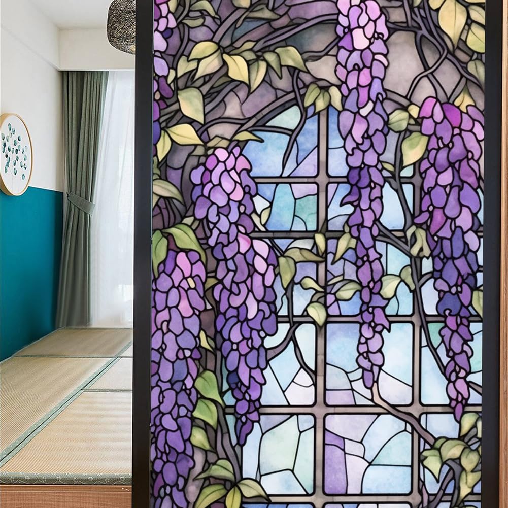 Pellicola per vetri colorati Garvee, motivo floreale, con blocco UV, isolamento termico, adesivi statici viola per decorazioni in vetro per finestre, 45x100 cm