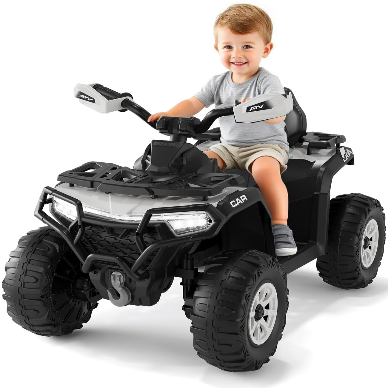 Quad elettrico per bambini Garvee 12V, colore argento, con telecomando, musica a LED per guida fuoristrada, dai 3 anni in su