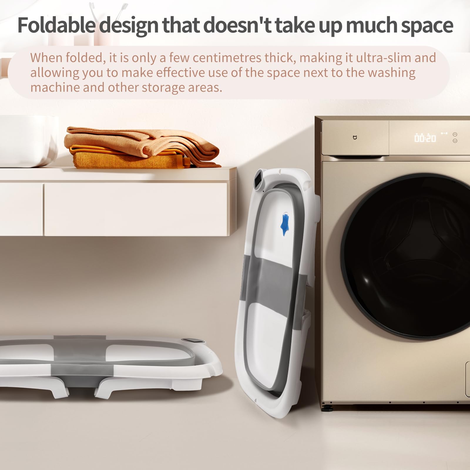 GARVEE Vasca da bagno per neonati, pieghevole e salvaspazio, con termometro e tappetino antiscivolo per neonati e bambini piccoli, grigio