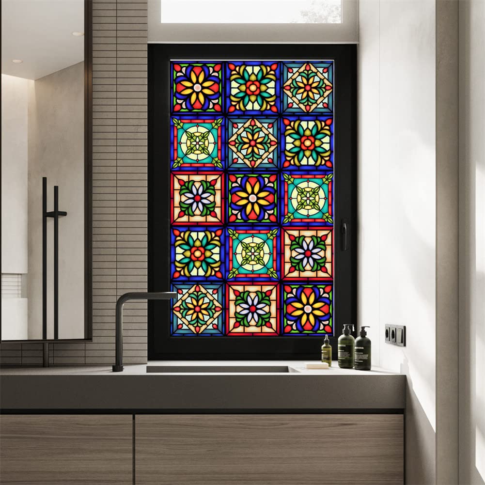 GARVEE Pellicola per vetri colorati Fiori retrò Adesivi statici Non adesivi 60x100 cm Privacy decorativa per casa e ufficio