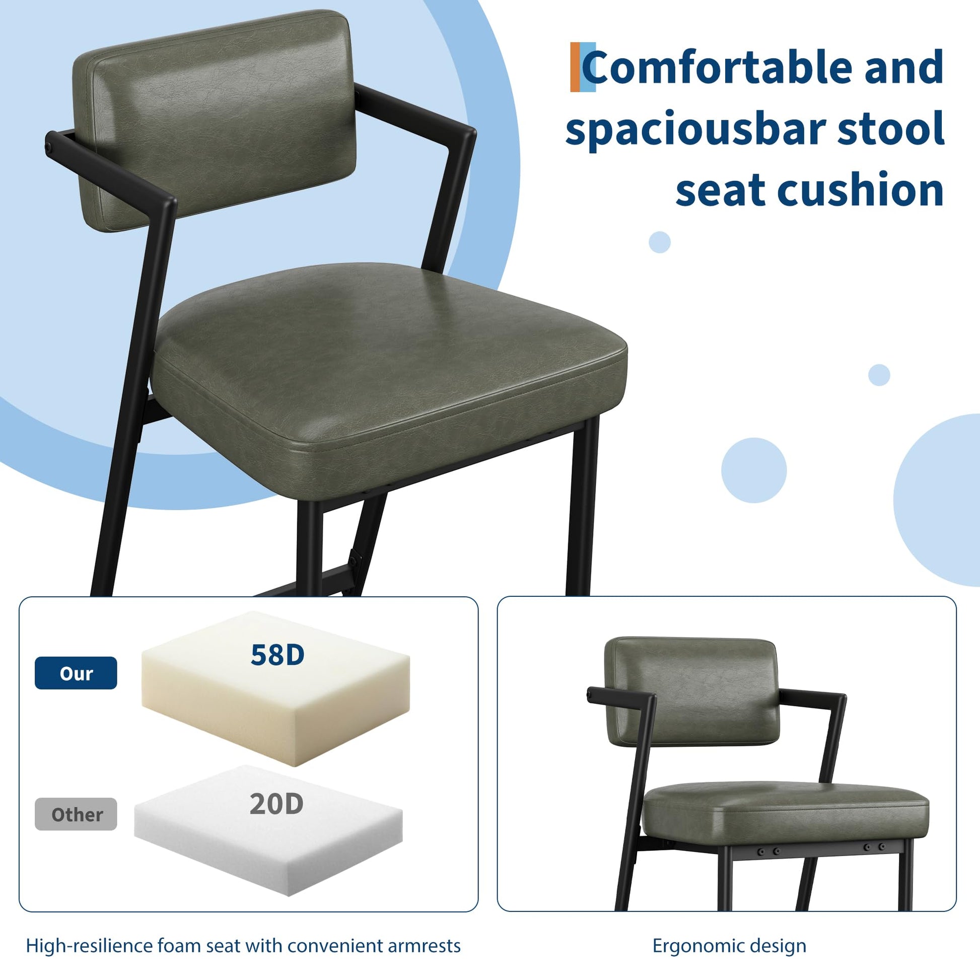 Set di 2 sgabelli da bar Garvee, seduta imbottita, struttura in metallo, schienale, poggiapiedi, verde retrò, per cucina e bancone da bar, 26,8 pollici