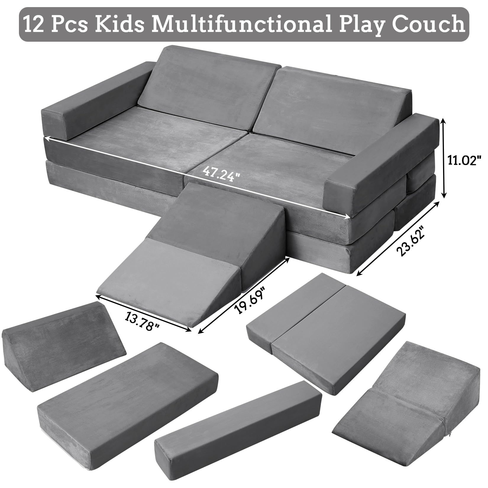 Divano modulare per bambini Garvee, set da 12 pezzi con piscina di palline per sala giochi, 47,2"x23,6"x11" grigio