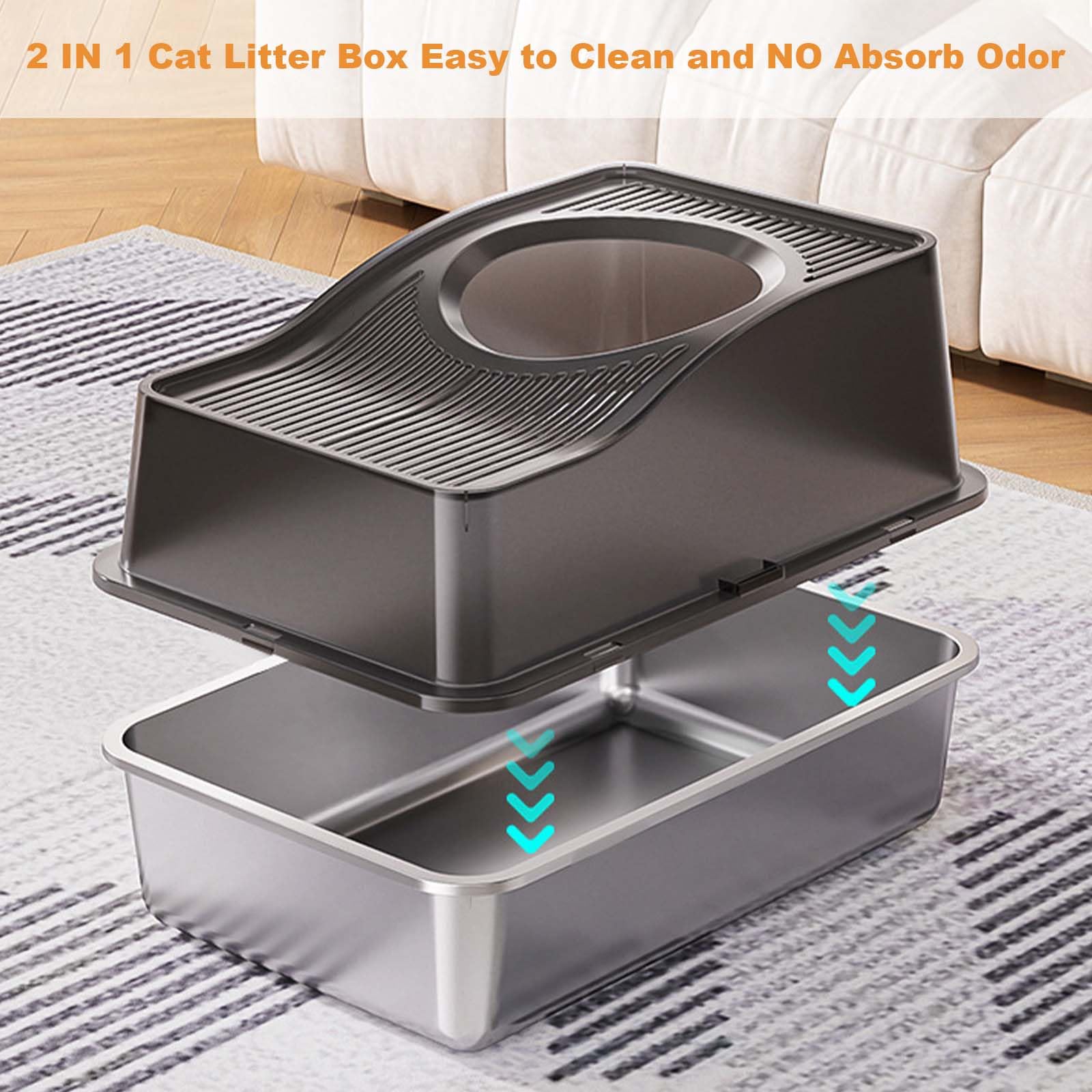 Lettiera per gatti Garvee in acciaio inox con coperchio, extra large, bordi alti, inodore, per gatti fino a 15 kg, argento