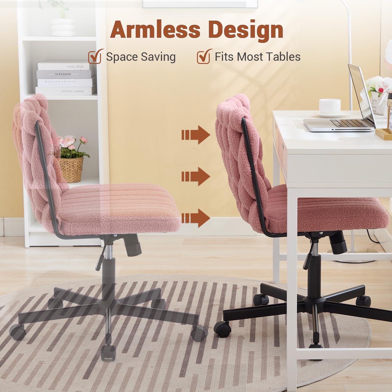 Sedia da ufficio Garvee Criss Cross con rotelle, seduta ampia, senza braccioli, girevole, struttura in metallo, rosa per ufficio domestico e toeletta, 26 pollici, comoda