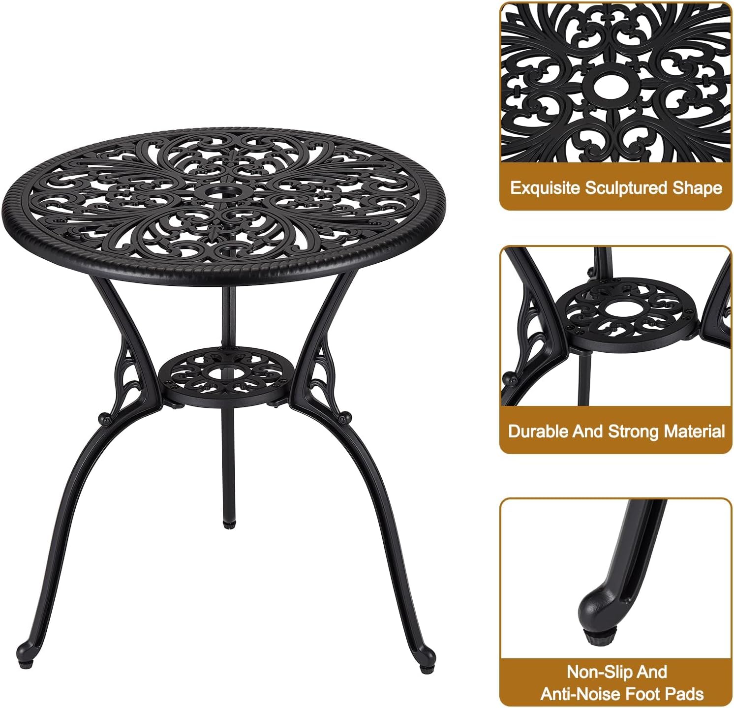 Set da bistrot da esterno Garvee da 3 pezzi, in alluminio, resistente alle intemperie, antiruggine, con foro per ombrellone, mobili da giardino per balcone, nero