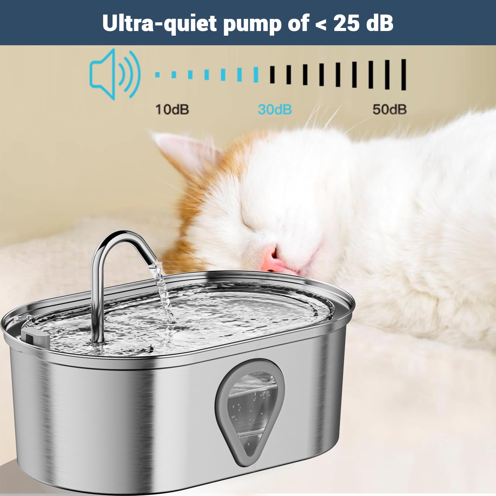 Fontanella per gatti Garvee da 3,5 l in acciaio inox con filtro silenzioso e finestra di visualizzazione per gatti e cani