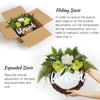 Ghirlanda per porta Garvee primavera estate da 24 pollici, verde ortensia, segno benedetto, artificiale, fatta a mano, resistente alle intemperie per porta d'ingresso e uso interno