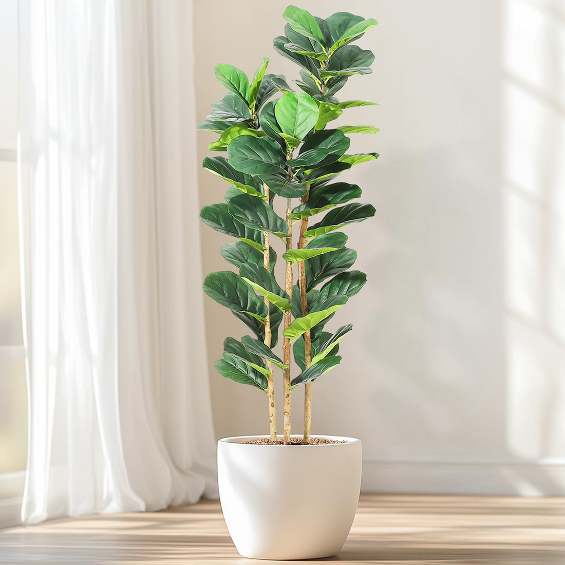 Albero di fico artificiale Garvee da 5 piedi con 56 foglie, vaso in cemento bianco, rami regolabili per decorazioni interne ed esterne, poliestere resistente, verde
