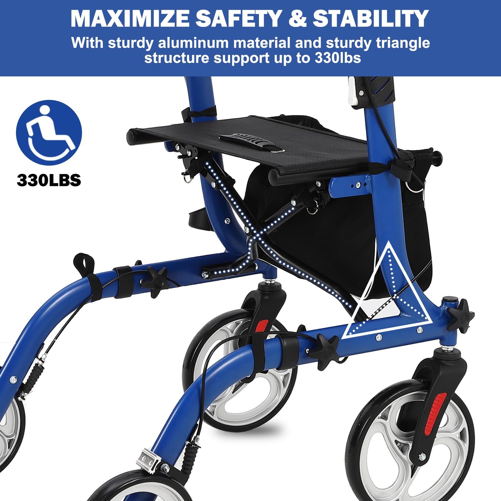Garvee Rollator pieghevole e sedia da trasporto 2 in 1, capacità di carico di 136 kg, rollator per tutti i terreni con doppio sistema frenante e borsa portaoggetti, telaio in alluminio leggero per anziani, shopping, uso esterno