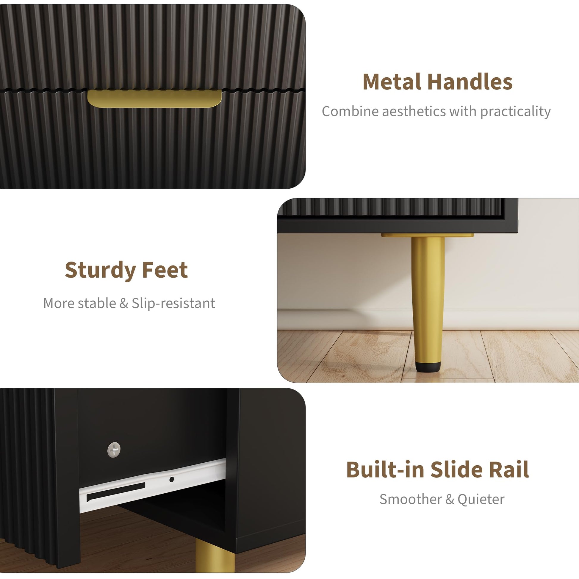 Cassettiera in legno Garvee Fluted Dresser con 3 cassetti, maniglie e piedini in metallo, nera, antigraffio, antiribaltamento per camera da letto e soggiorno