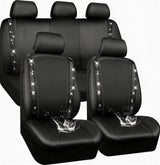 Garvee Set Coprisedili Auto 9 Pezzi PU Pelle Patchwork Nero Bianco Strass Universale Protezione Interni