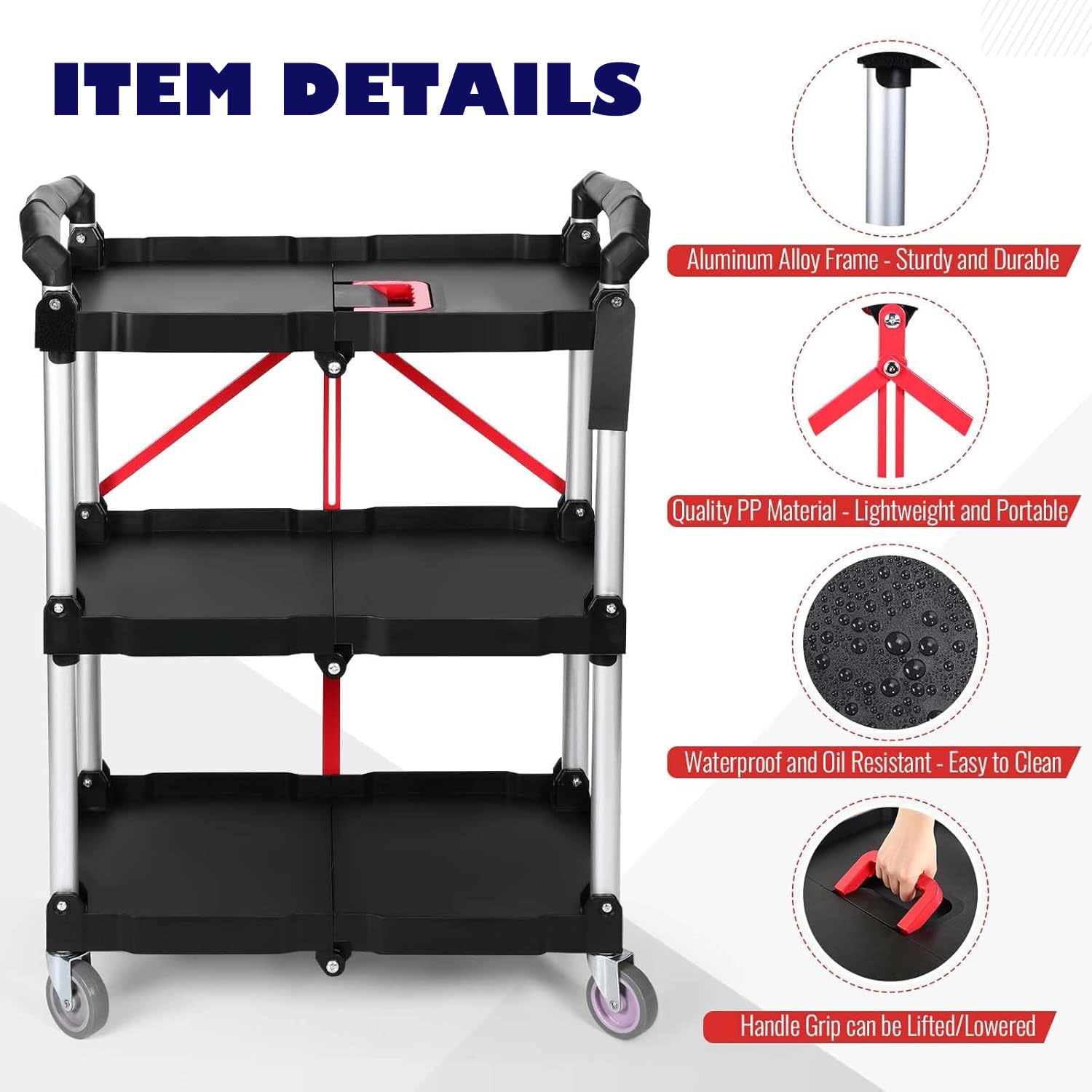 Carrello di servizio pieghevole Garvee, resistente, 176 libbre, con ruote girevoli a 360°, maniglia ergonomica, per ufficio e officina, telaio in alluminio, nero