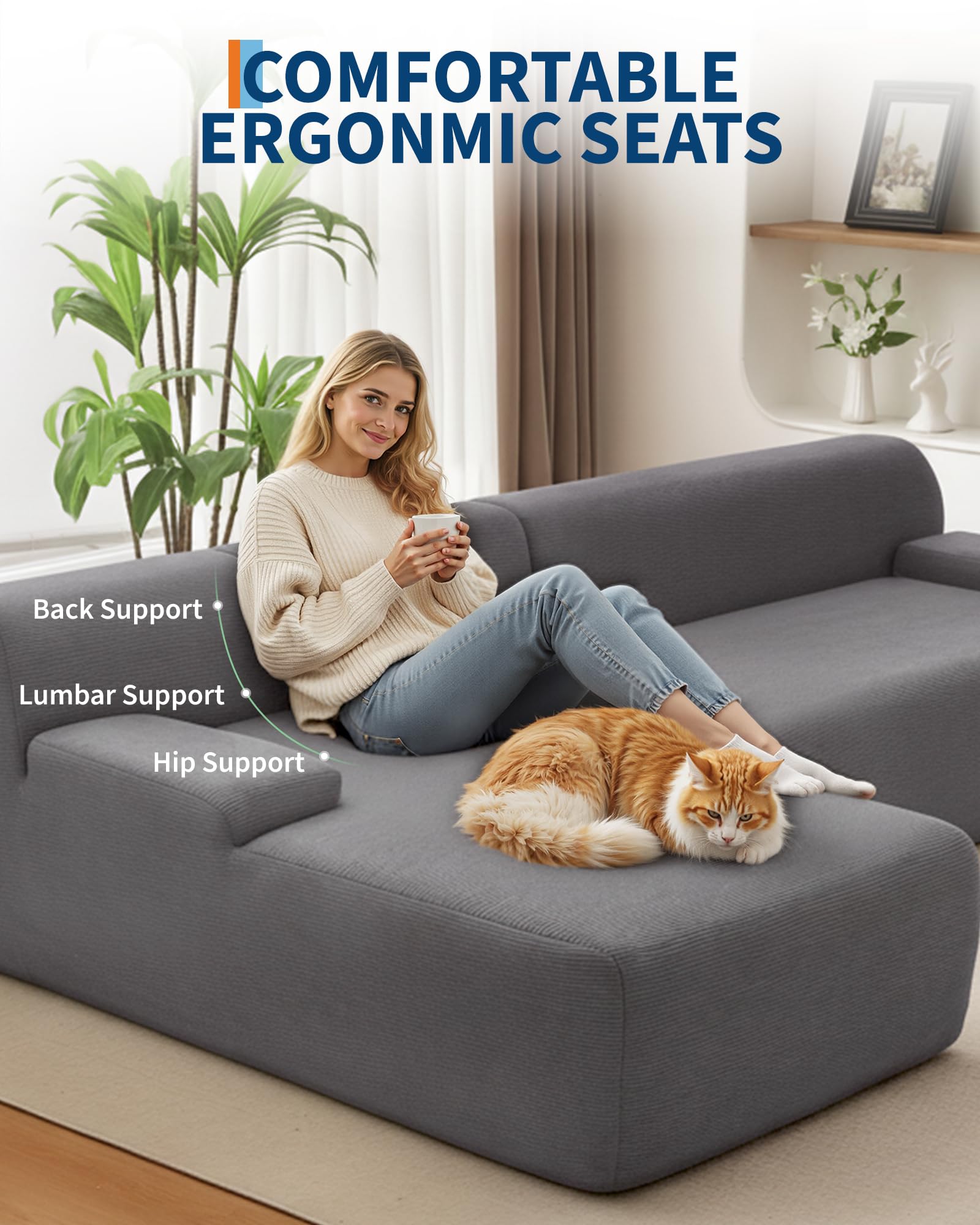 Divano componibile Garvee Cloud da 108" con chaise longue, divano ultra morbido senza osso, tessuto in velluto a coste, a forma di L, super soffice, soggiorno