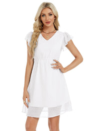 Garvee Abito estivo da donna con maniche a balze, scollo a V, casual, stile swing, elastico in vita, lunghezza al ginocchio, abito da spiaggia, bianco, taglia S