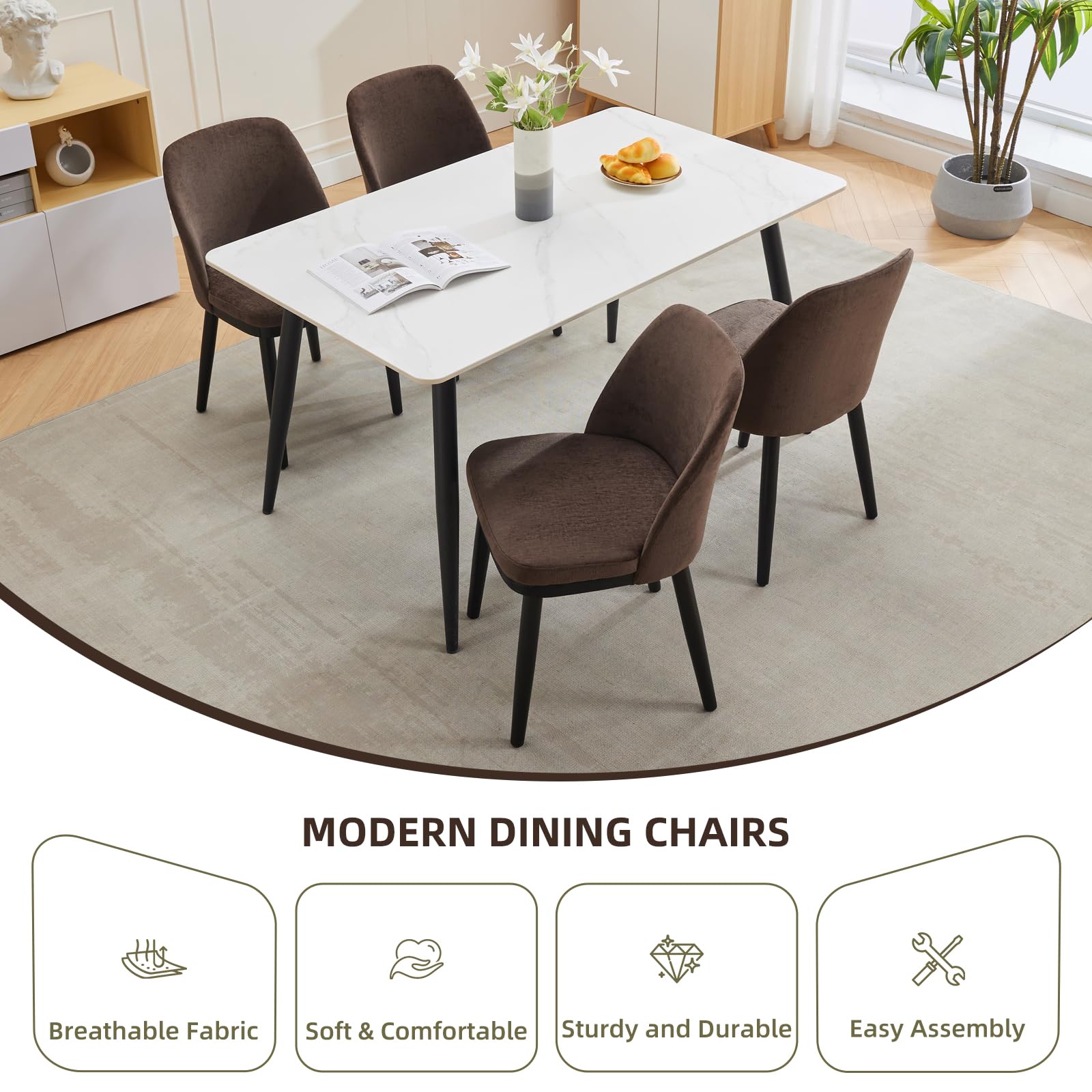 Garvee, set di 2 sedie da pranzo moderne, rivestimento in lino, schienale curvo, gambe in legno, sedia beige per cucina e soggiorno