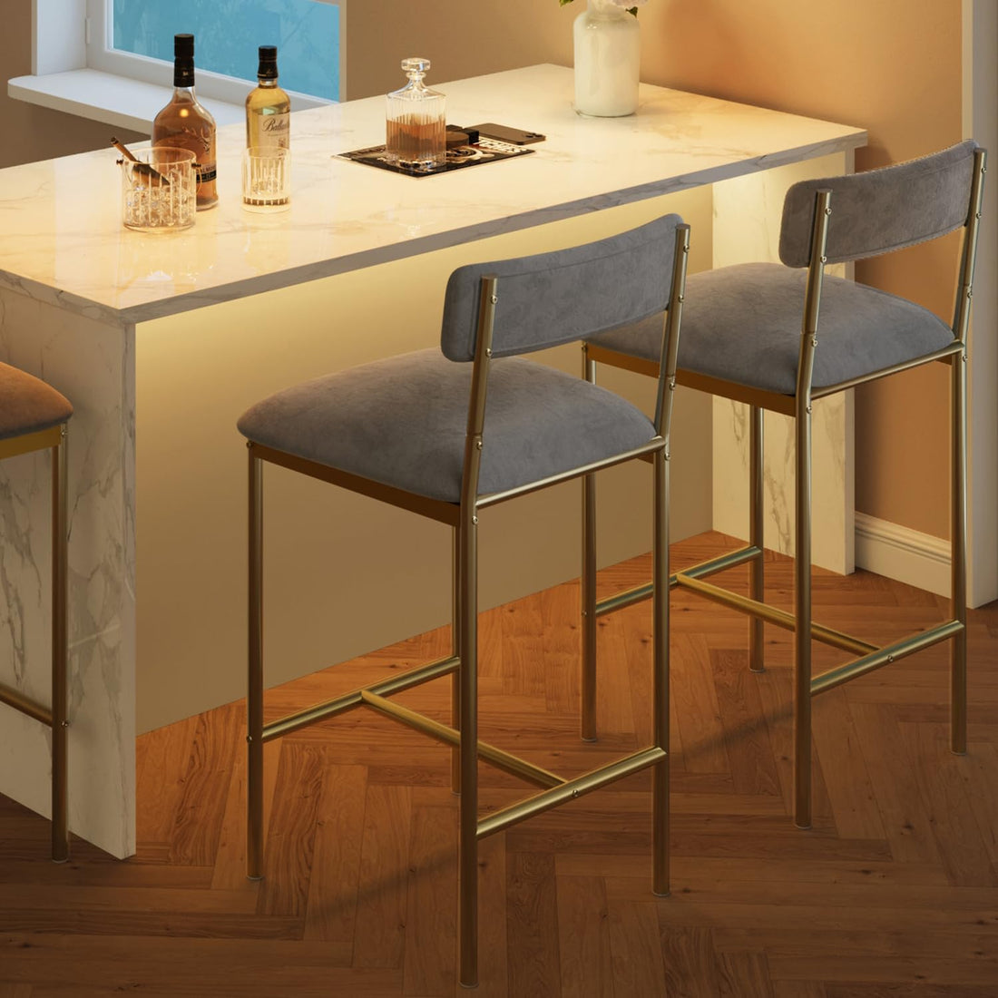 Set di 2 ripiani in Garvee bar, seduta in imbottite da cucina con binari e poggiapiedi, MDF e acciaio, robusto, grigio-oro, per bar e isolante