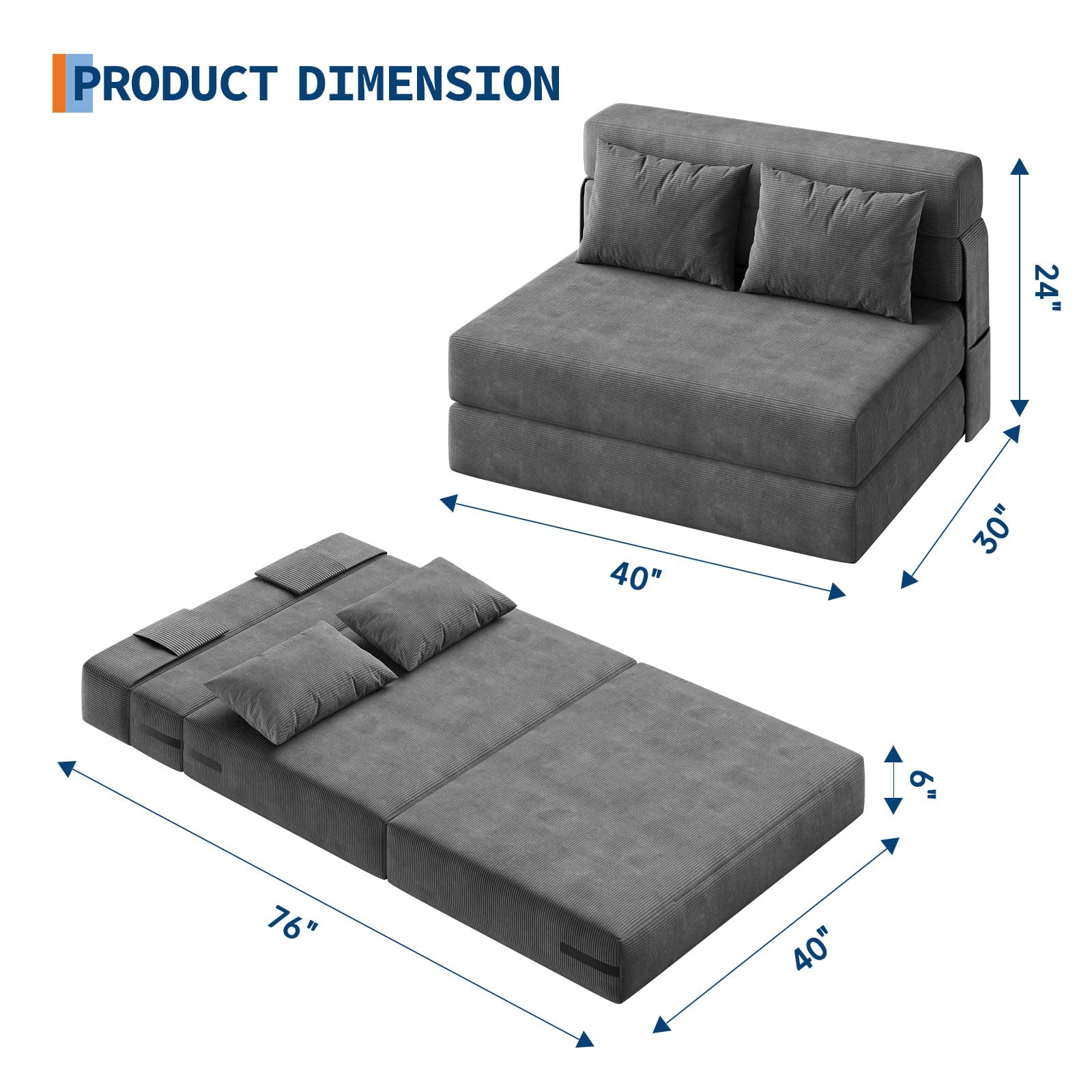 Divano letto e poltrona letto 4 in 1 Garvee, multifunzionale e confortevole, in velluto a coste grigio scuro, per soggiorno e camera degli ospiti