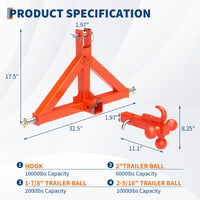 Garvee Gancio Traino Rimorchio 3 Punti Ricevitore 5 cm 4.536 kg Acciaio Nero - Ideale per Trattori Categoria 1