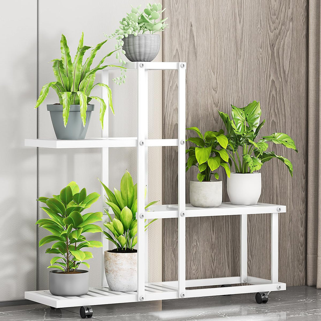 Garvee Portavasi angolare a più livelli con ruote, struttura in ferro robusto per soggiorno, balcone, giardino, impermeabile, nero