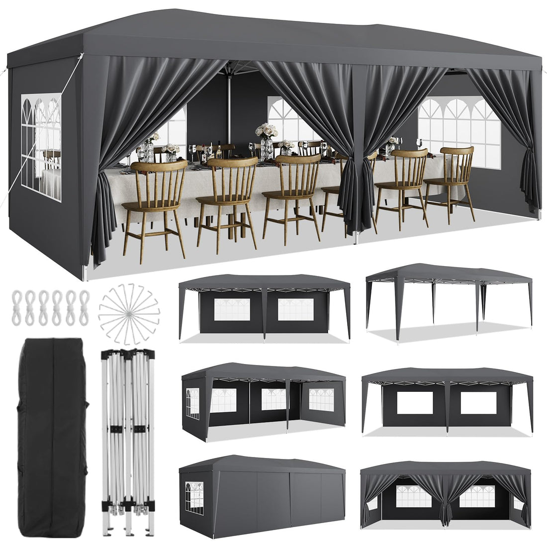 Gazebo 3x6 m pop-up Garvee Heavy Duty tenda a baldacchino con 6 pannelli laterali rimovibili per feste ed eventi all'aperto, regolabile, nera