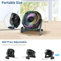 Ventilatore da tavolo USB GARVEE RGB Piccolo Φ15cm Mini ventilatore USB silenzioso 8 modalità di luce 3 velocità Rotazione di 360° Cavo da 152 cm Portatile
