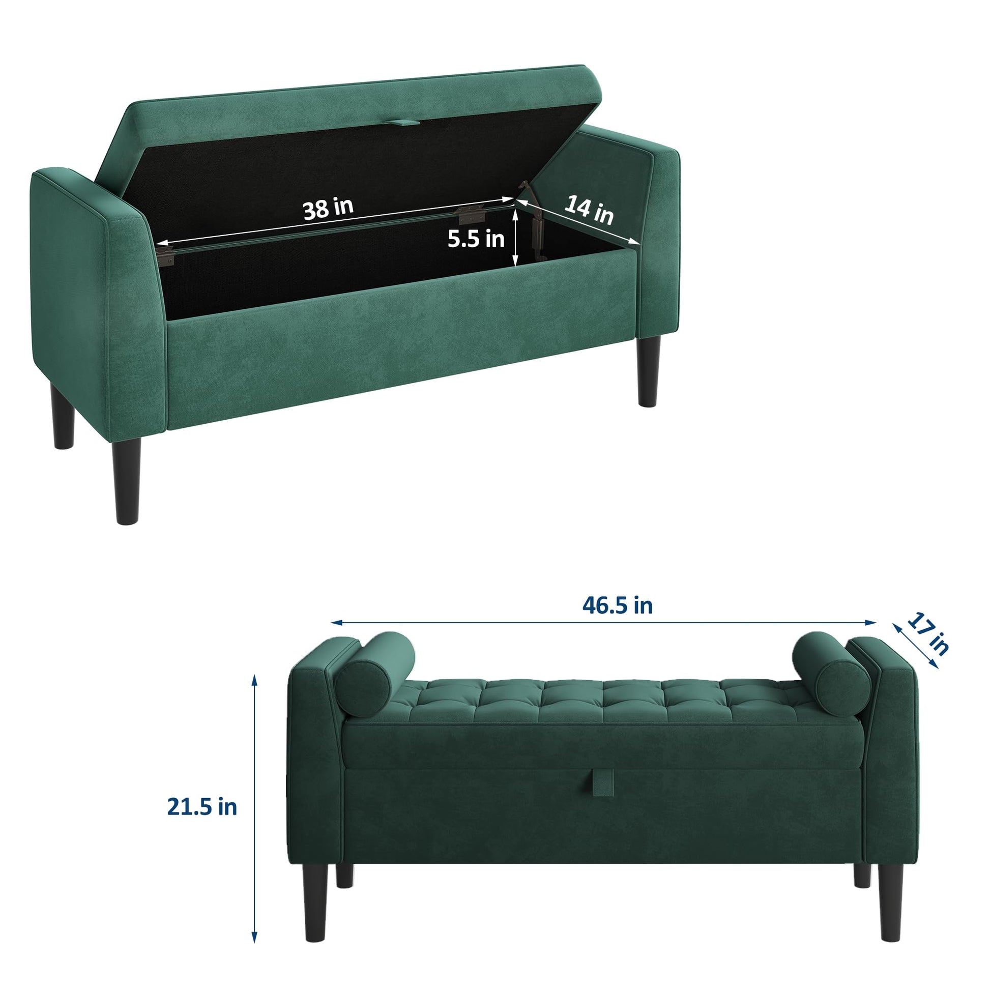 Panca ottomana Garvee con contenitore, imbottita, braccioli girevoli, verde, 46,5" per soggiorno e corridoio, struttura robusta