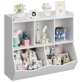 Libreria portagiochi per bambini Garvee con 3 scomparti aperti e 2 contenitori basculanti per camera da letto e sala giochi, in legno, 36x11x31 cm, colore legno naturale - Bianco