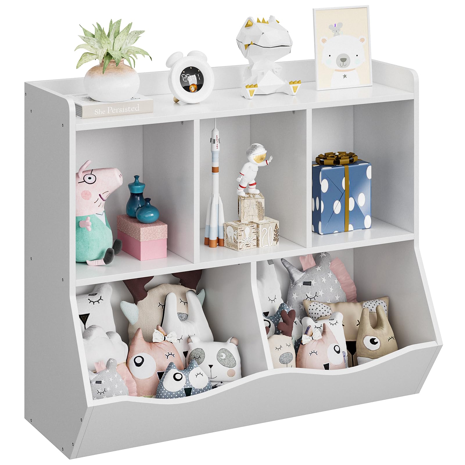 Libreria portagiochi per bambini Garvee con 3 scomparti aperti e 2 contenitori basculanti per camera da letto e sala giochi, in legno, 36x11x31 cm, colore legno naturale