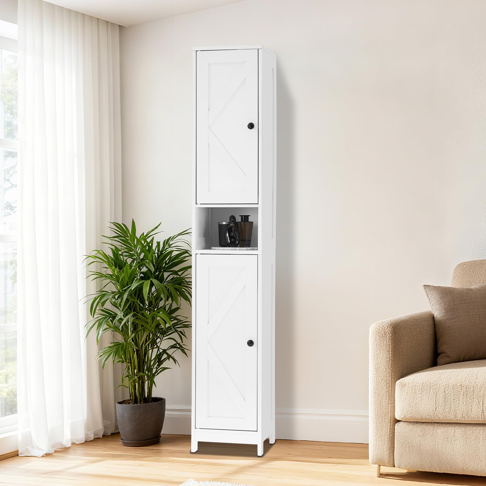Mobiletto da bagno alto Garvee da 170.18 cm con 2 ante a battente, 1 cassetto per bagno e cucina, legno, stretto, robusto, versatile, acrilico trasparente, bianco