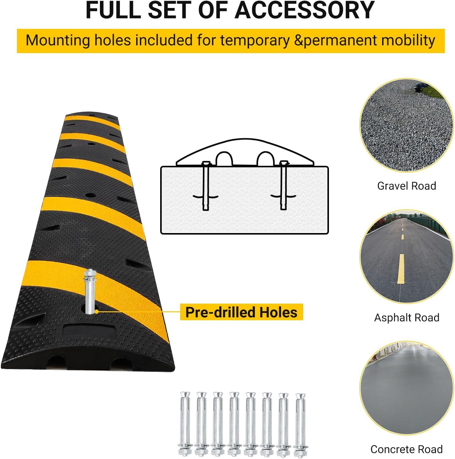 Dossi Rallentatori Gomma Garvee Cable Bridge 6 Piedi*2 con 8 Bulloni - Ideale per Strade, Parcheggi, Scuole | Carico 66000 lb Giallo