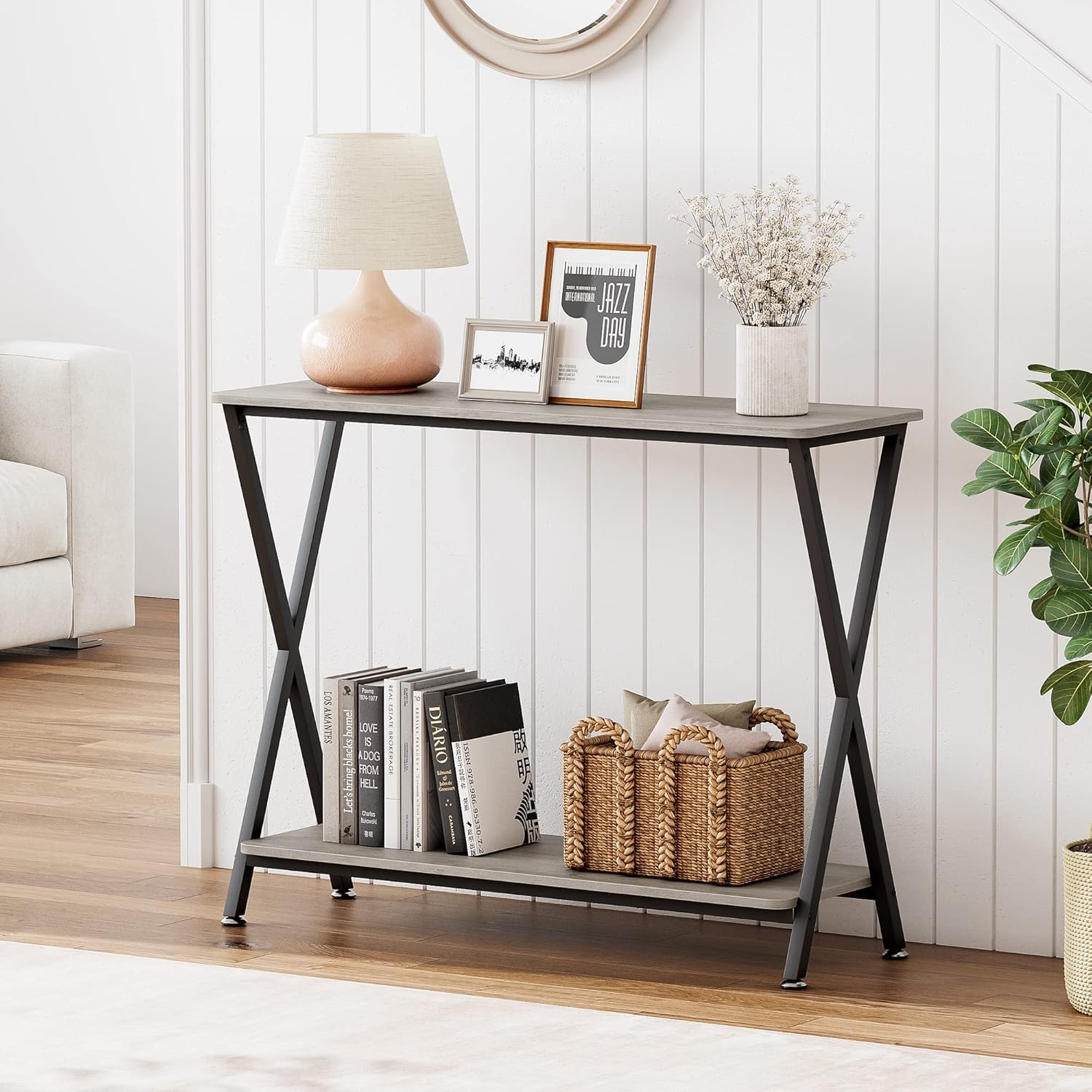 Tavolo consolle stretto Garvee, 2 ripiani, stile industriale, legno MDF e metallo, per soggiorno e corridoio, 84,5 cm di lunghezza x 30 cm di larghezza x 80 cm di altezza, nero